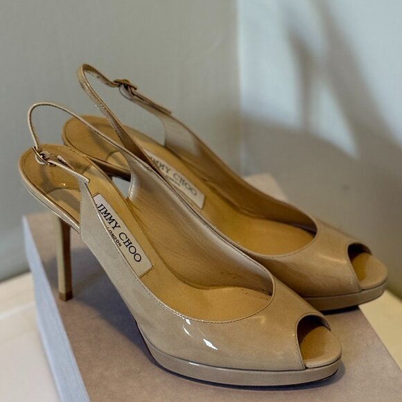 Jimmy Choo 247Nova Beige Patent Leather - Peep Toe - Size 8.5 - Picture 1 of 4